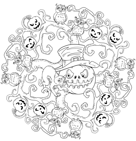 Halloween Mandala With Jack O' Lantern And Black Cat Coloring Page